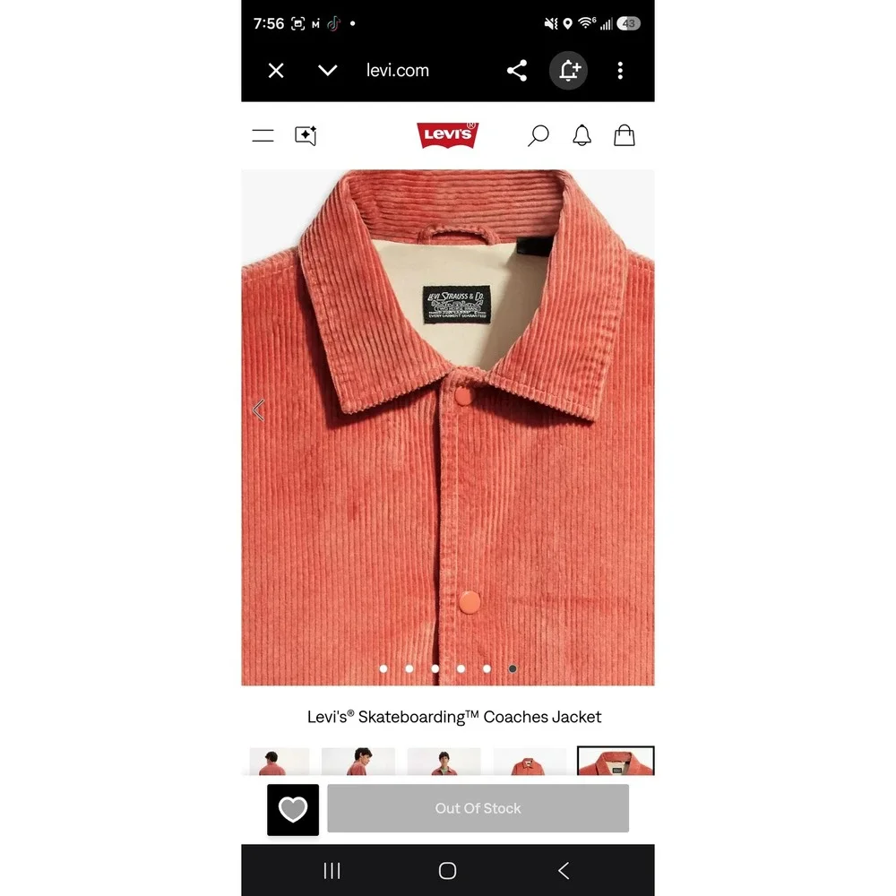 Levis Skateboarding Coaches Jacket Mens Corduroy Salmon Pink CORDURA